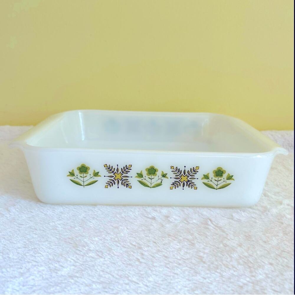 Baking Dish Vtg 60's Green Meadow Fire King Anchor Hocking Square